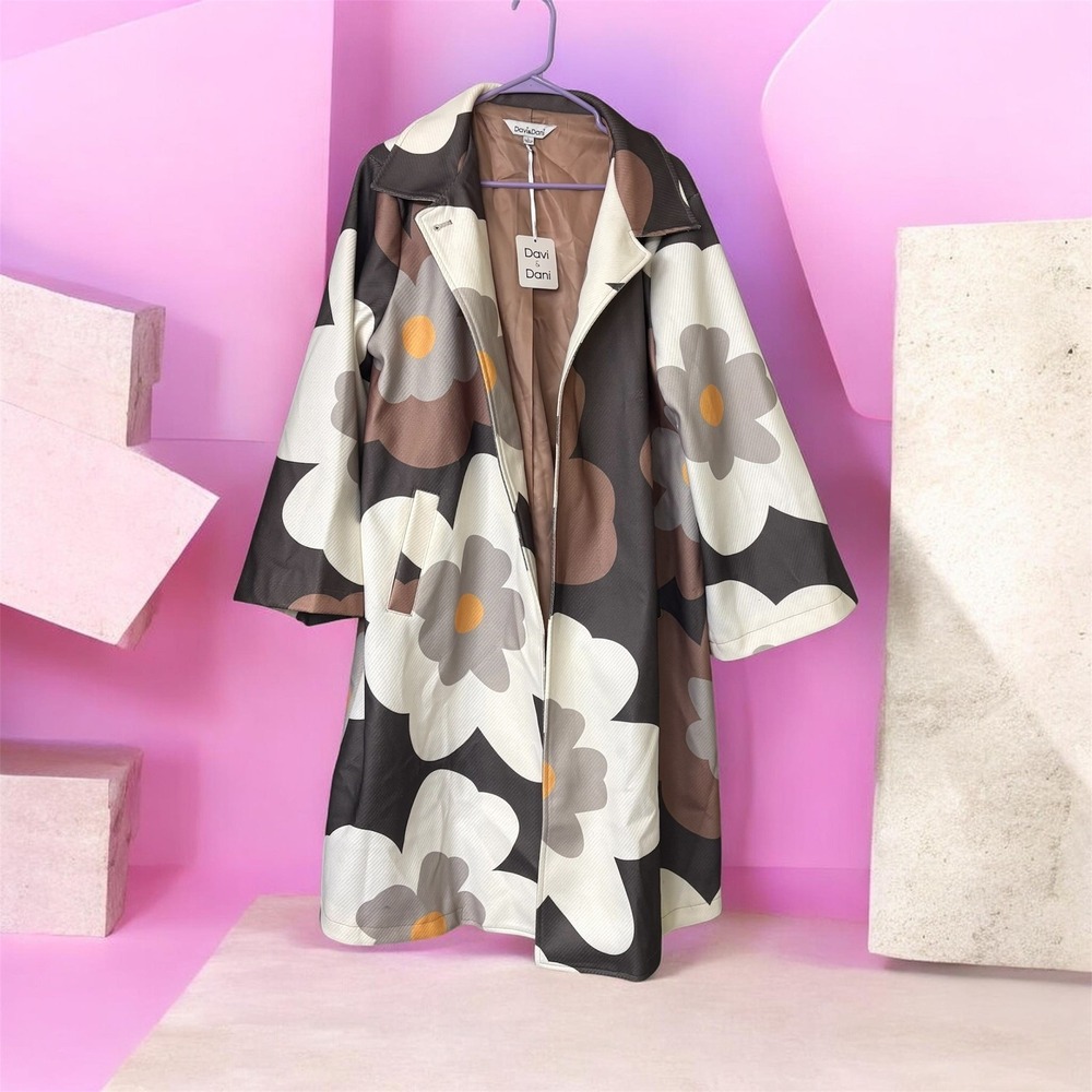 Women's Large Trenchcoat Davi & Dani '60's Vibe NEW Retro Floral Boutique Coat